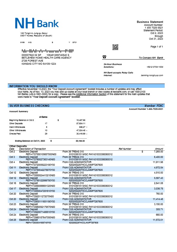 Modèle Word et PDF de relevé de compte ferme de NH Bank